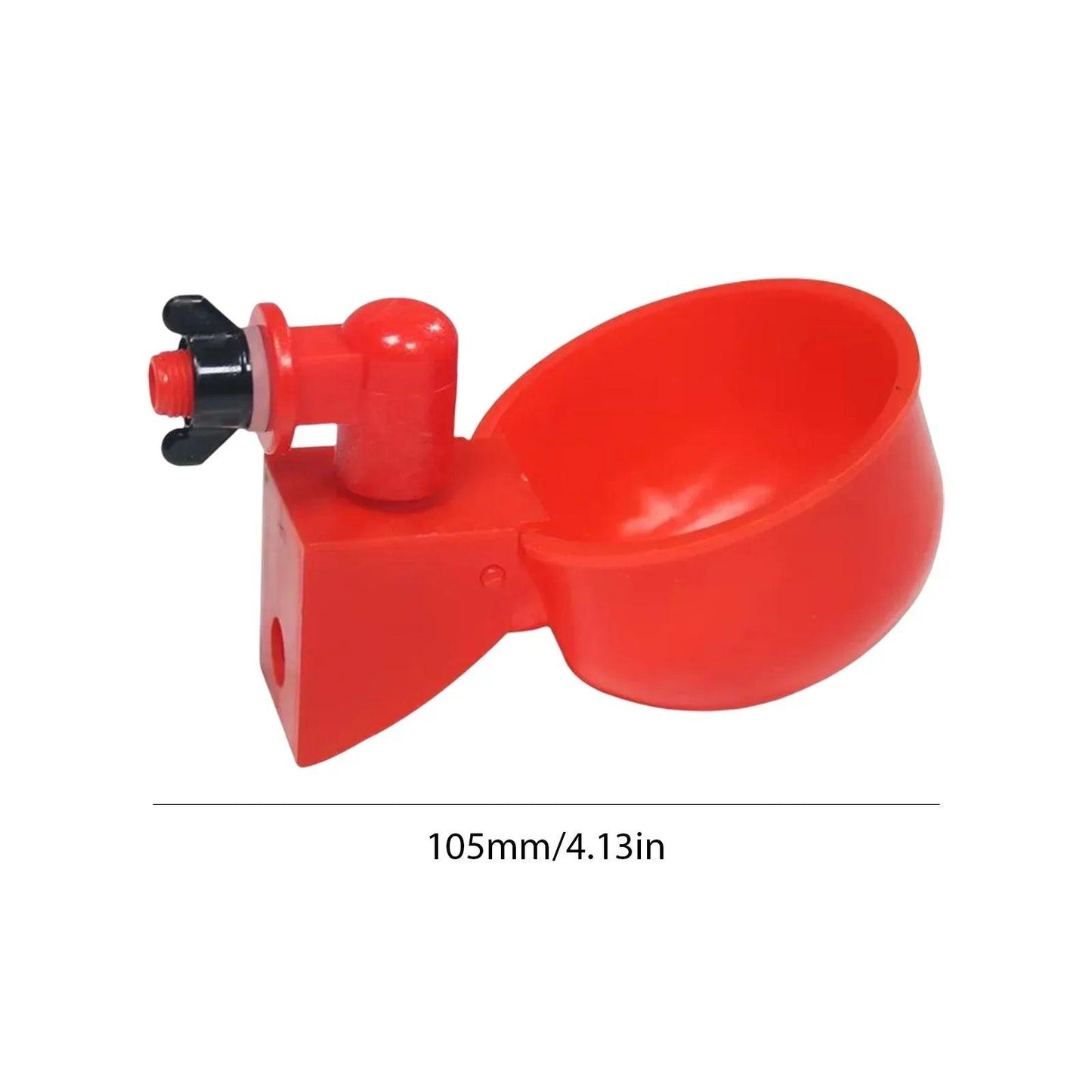 Mangeoire pour poules en plastique rouge avec un design ergonomique et un support facile à fixer, idéale pour le jardin.
