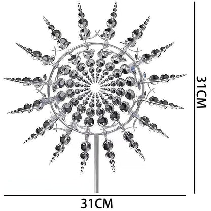 Moulin a vent jardin decoratif en acier inoxydable présenté en forme de spirale avec des décorations scintillantes