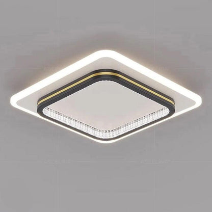 Plafonnier LED moderne DARHYN au design carré avec un éclairage bordé de lumière blanche et accents dorés pour une touche élégante.