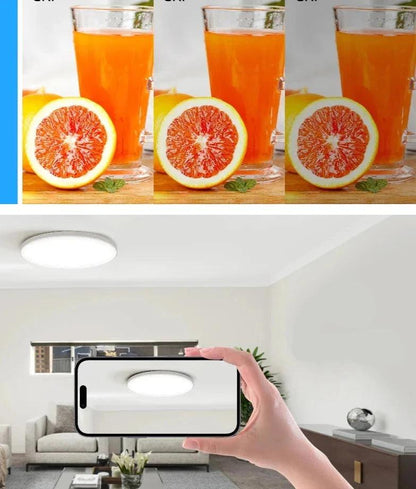Plafonnier LED moderne installé dans un salon lumineux, offrant un éclairage élégant et efficace pour votre intérieur