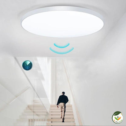 Plafonnier LED moderne en design circulaire, avec capteur de mouvement, idéal pour éclairage intérieur élégant