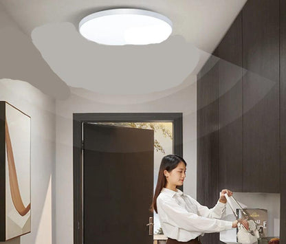 Plafonnier LED moderne installé dans un hall d'entrée, illuminant l'espace avec un design élégant et minimaliste