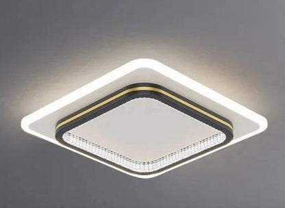 Plafonnier LED moderne avec un design carré élégant, finition blanche et dorée, parfait pour une ambiance contemporaine