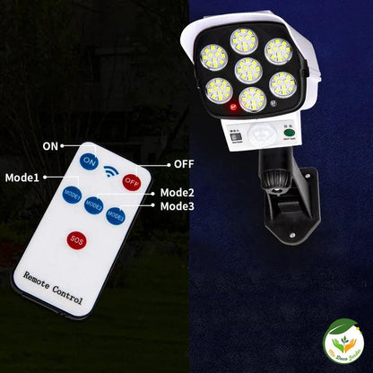 Projecteur LED solaire MeeToo avec télécommande, affichant plusieurs modes d'éclairage pour un usage extérieur pratique