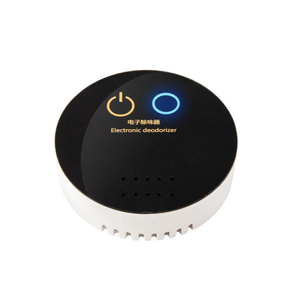 Purificateur d'air intelligent au design moderne avec un bouton d'alimentation et une lumière bleue indiquant le fonctionnement