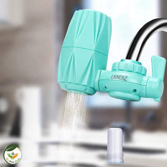 Filtre d'eau pour robinet LKNDIZ de couleur turquoise, assurant une eau pure et saine pour votre maison
