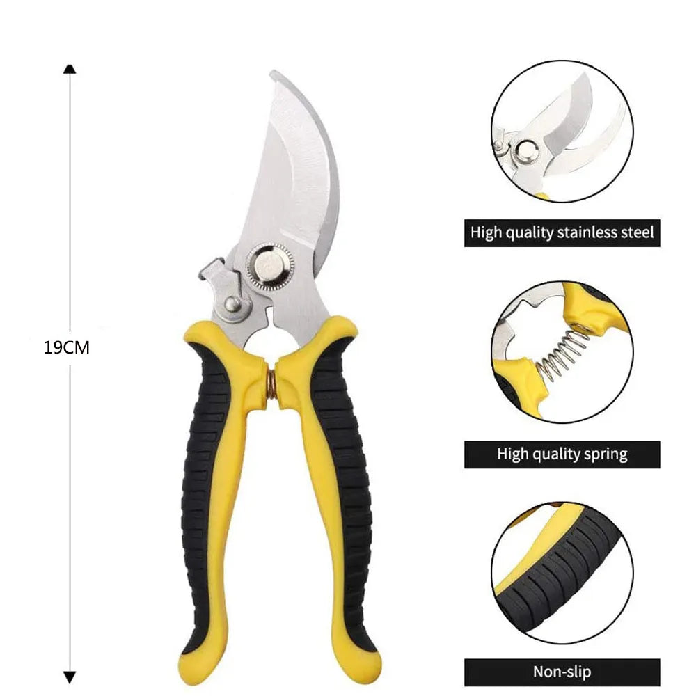 Sécateur à main pour taille de plantes avec manche ergonomique en caoutchouc jaune et acier inoxydable de haute qualité