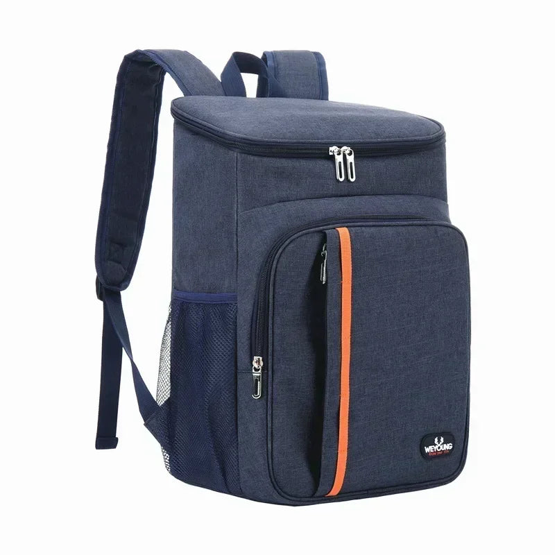 Sac isotherme pour outdoor en bleu foncé, avec poches pratiques et bretelles rembourrées pour un transport facile