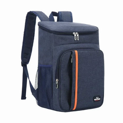 Sac isotherme pour outdoor en bleu foncé, avec poches pratiques et bretelles rembourrées pour un transport facile