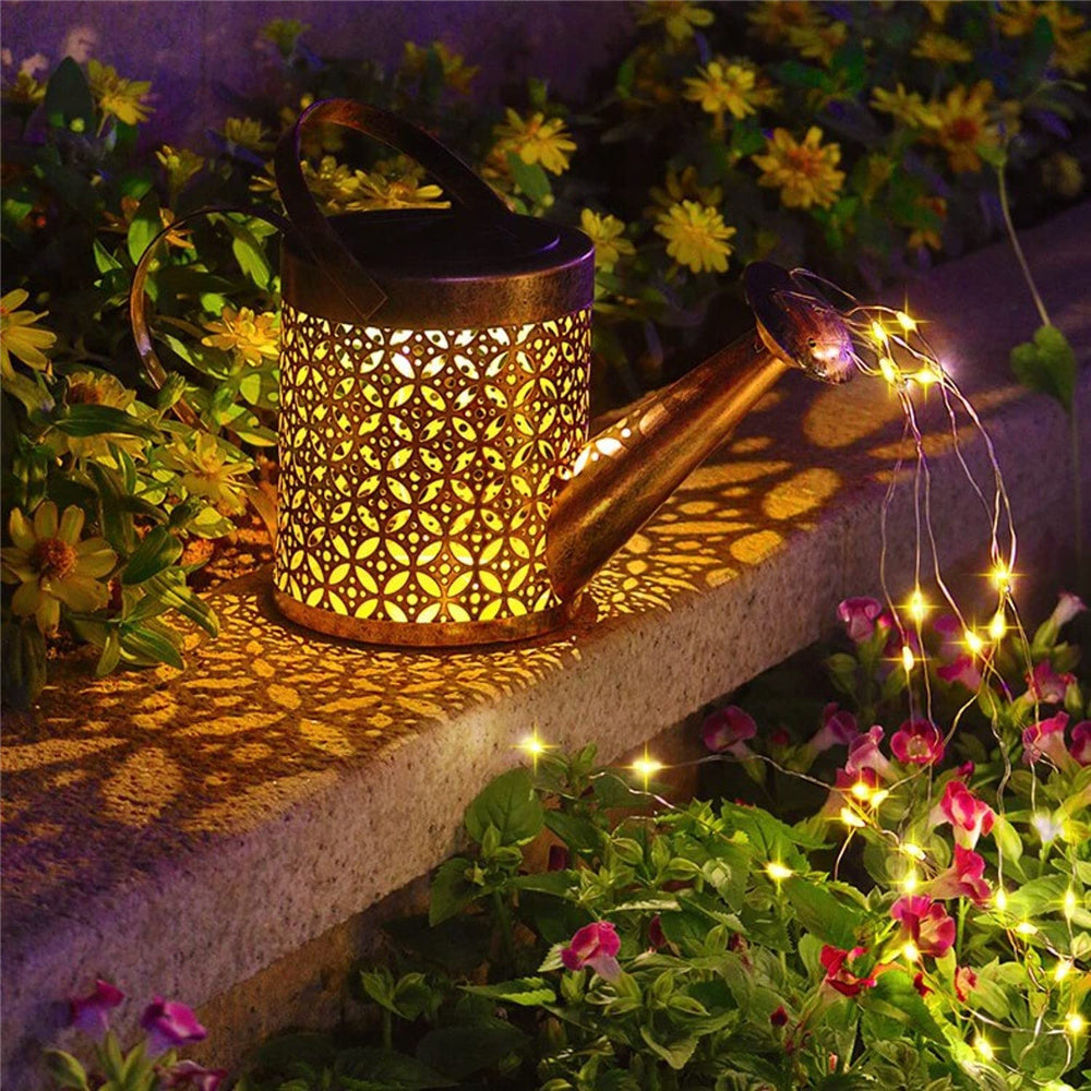 Arrosoir solaire avec guirlande lumineuse, décoration de jardin