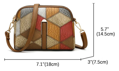 Sac bandoulière femme chic en cuir avec motif géométrique coloré, parfait pour les accessoires mode femme chic.