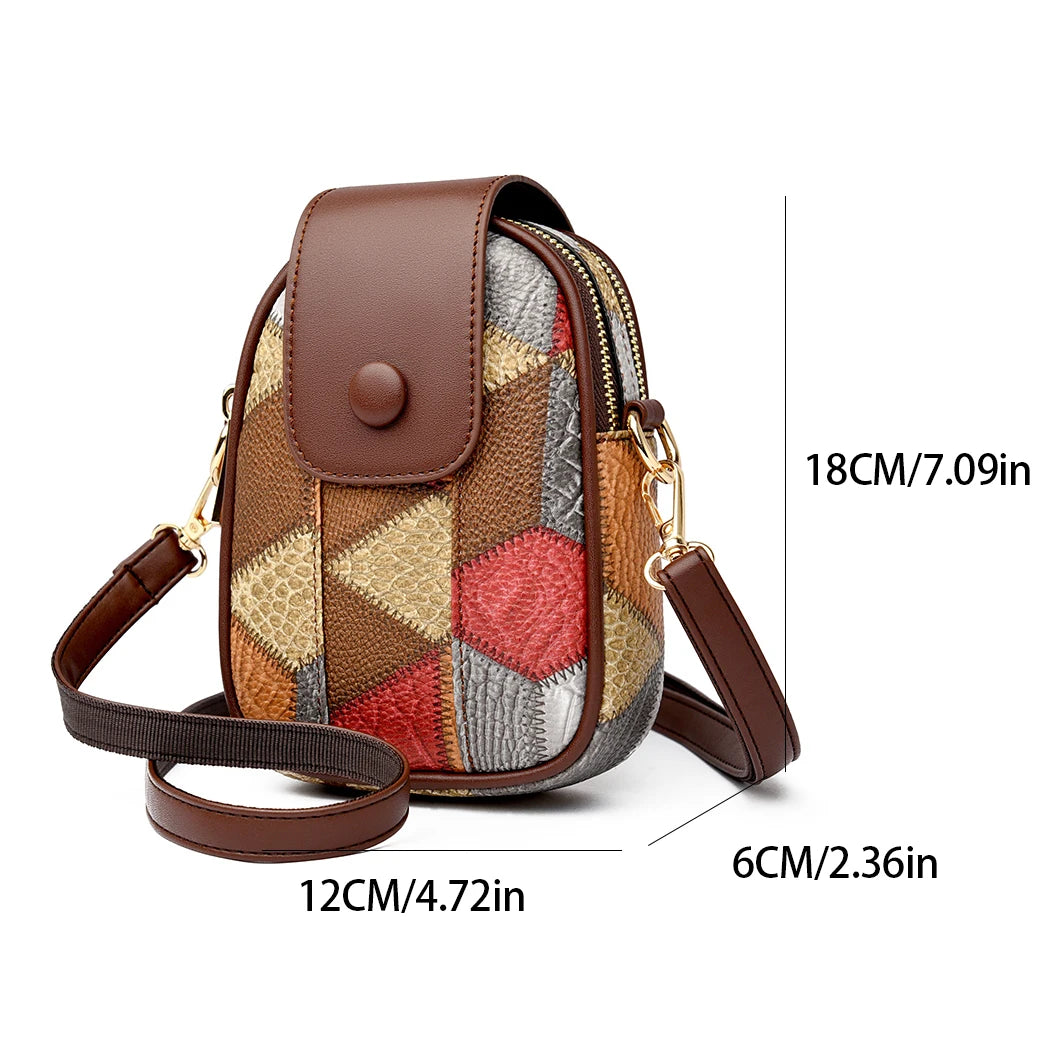 Sac vintage pour accessoires féminins avec un design géométrique coloré et une bandoulière en cuir pour un style unique