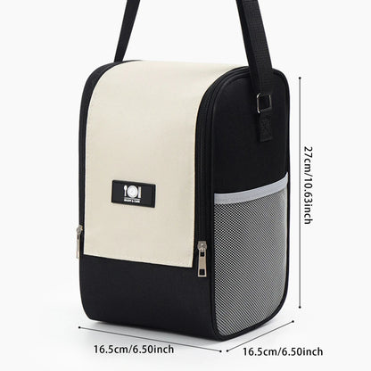 Sac isotherme Oxford noir et beige, avec une bandoulière et des dimensions pratiques pour le transport des aliments