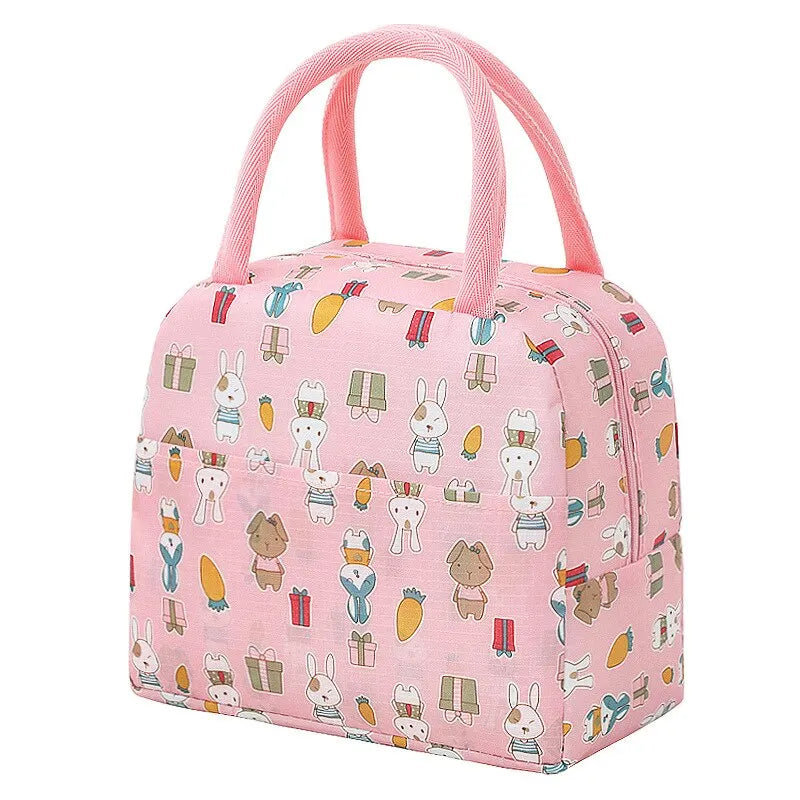 Sac isotherme original en rose avec des motifs de lapins et d'animaux, parfait pour les repas en plein air