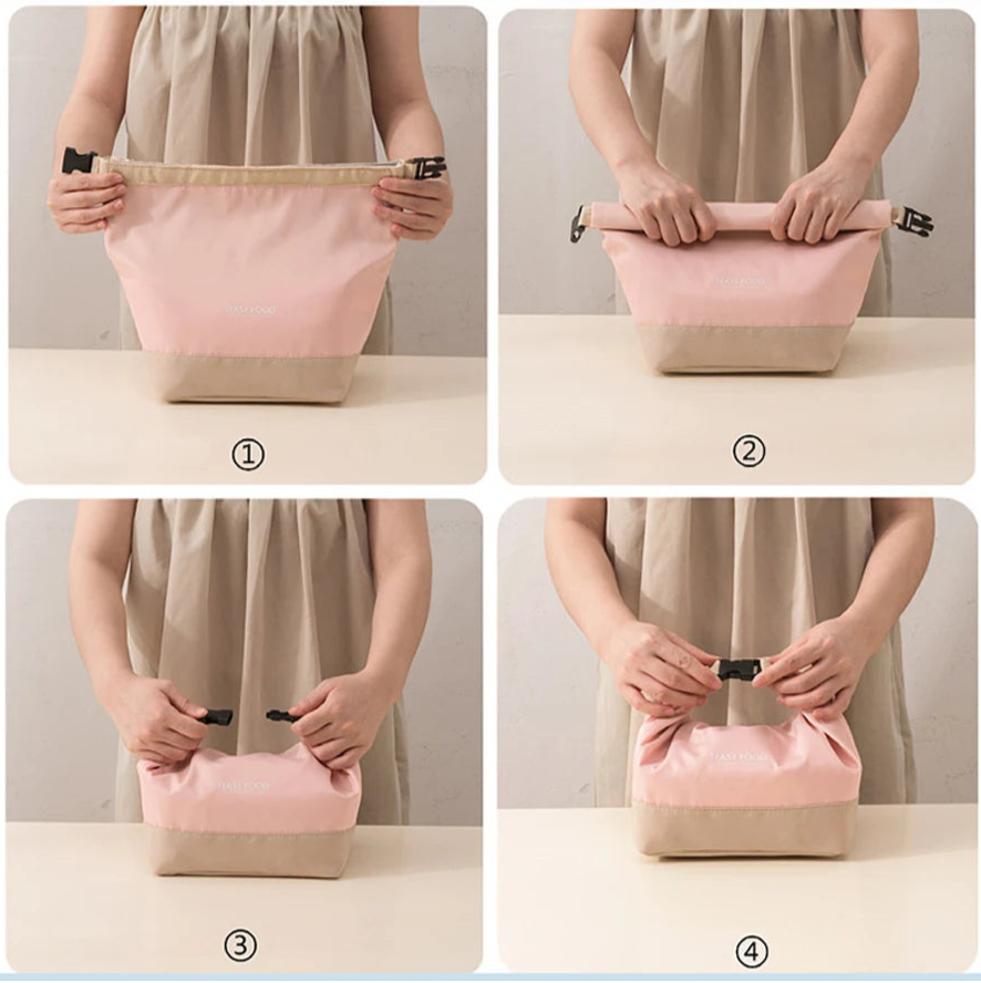 Sac isotherme randonnée élégant en rose et beige, pratique avec des poignées et une texture résistante. Idéal pour conserver vos aliments.