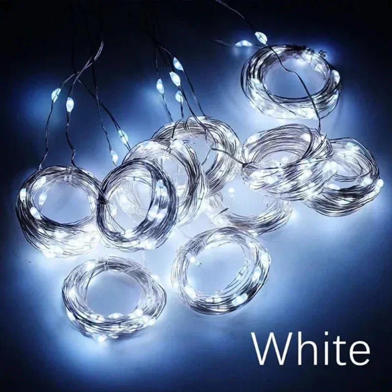 Guirlande LED jardin lumineuse avec lumières blanches scintillantes, idéale pour décorer l'extérieur avec une ambiance chaleureuse