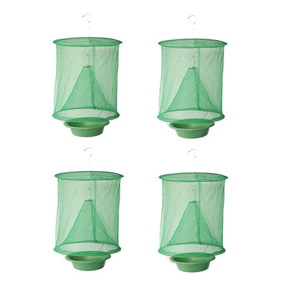 Quatre attrape mouches écologiques en filet vert avec support, solution durable pour éliminer les mouches à la maison