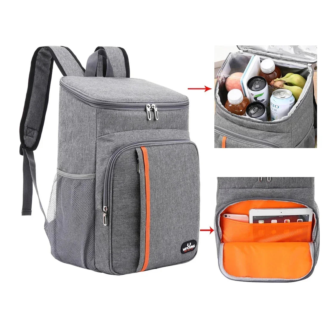 Sac isotherme pour outdoor gris avec poche frontale, parfaitement adapté pour transporter vos boissons et collations lors des aventures