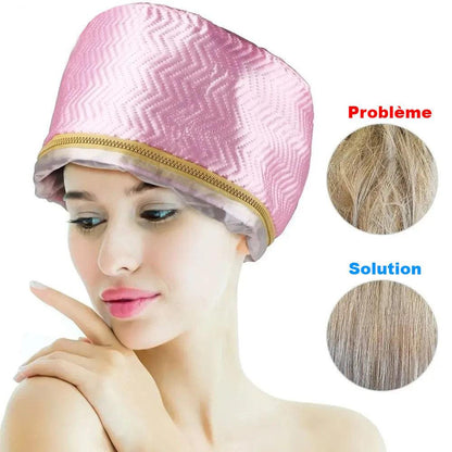 Bonnet chauffant pour cheveux en satin rose, conçu pour revitaliser et nourrir les cheveux tout en offrant une solution contre les frisottis