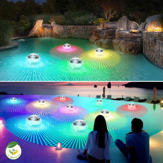 Lampes flottantes LED colorées pour piscine, créant une ambiance lumineuse au bord de l'eau, idéale pour les soirées d'été.