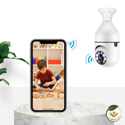 Camera de surveillance interieure CamE27 en fonctionnement, surveillant des enfants jouant, offrant une sécurité optimale