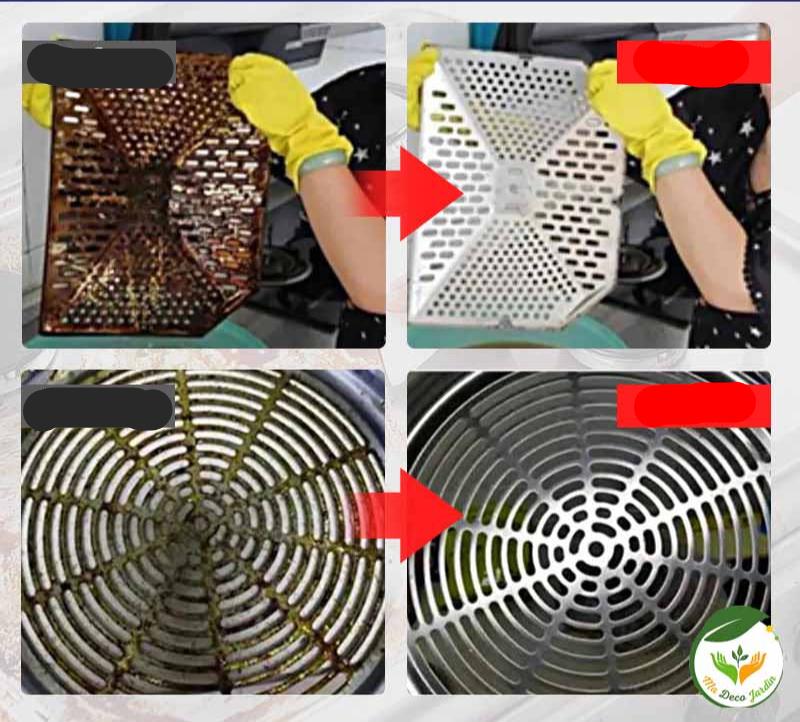 Comparaison avant-après d'un produit degraissant 50g, montrant la transformation d'un grill sale à un grill propre et brillant