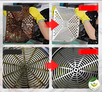 Comparaison avant-après d'un produit degraissant 50g, montrant la transformation d'un grill sale à un grill propre et brillant