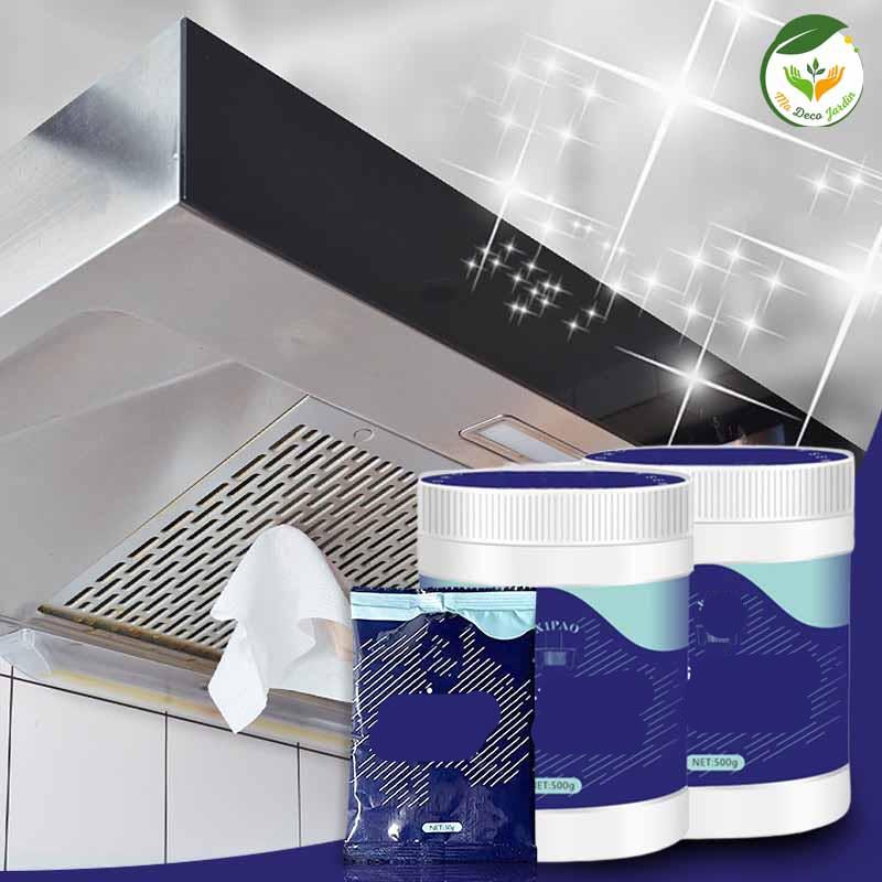 Produit dégraissant 50g puissant, idéal pour nettoyer les surfaces de cuisine, avec deux pots présentés sous une hotte brillante