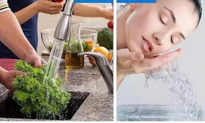 Filtre eau robinet compact en action, fournissant de l'eau fraîche pour laver des légumes et pour l'hygiène du visage.