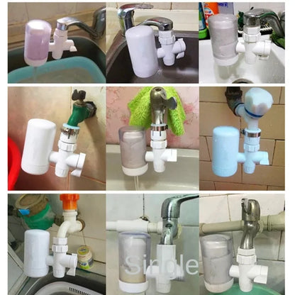 Filtre eau robinet compact installé sur divers robinets, montrant son adaptabilité et son design fonctionnel pour un usage quotidien