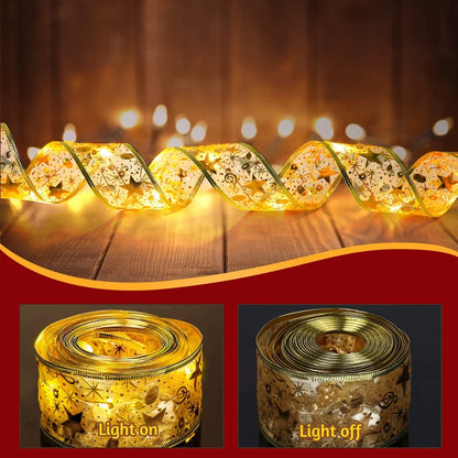 Ruban lumineux sapin de Noel doré avec motifs étoilés, idéal pour la décoration festive et créative.