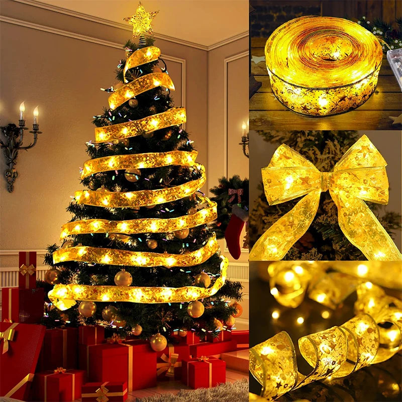 Ruban lumineux sapin de Noel en doré enroulé autour d'un sapin de Noël décoré, avec cadeaux colorés en dessous.