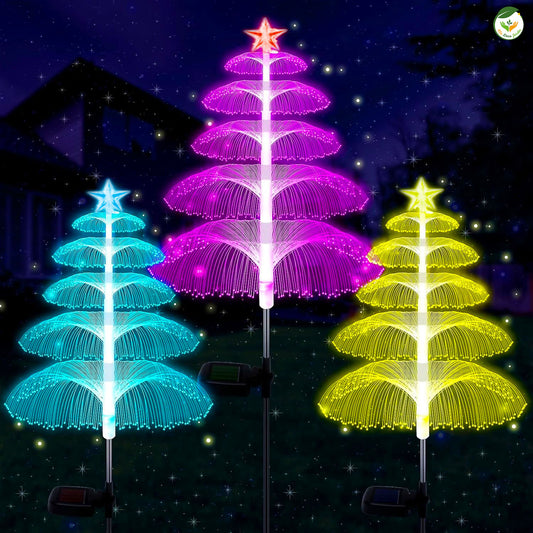 Guirlande lumineuse solaire colorée en forme d'arbre, idéale pour décorer votre jardin la nuit avec des lumières vibrantes.