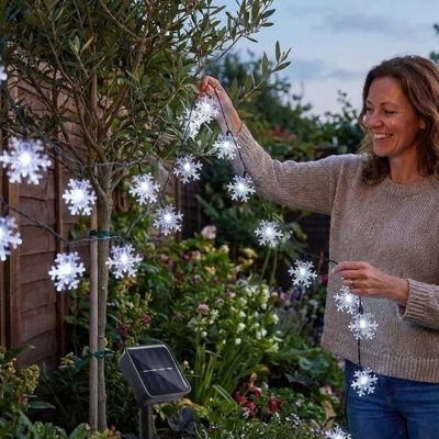 Guirlande lumineuse solaire flocons de neige 12m 100 LED – Blanc chaud ou froid 2 modes extérieur