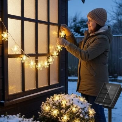 Guirlande lumineuse solaire flocons de neige 12m 100 LED – Blanc chaud ou froid 2 modes extérieur
