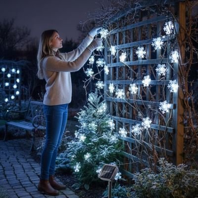 Guirlande lumineuse solaire flocons de neige 12m 100 LED – Blanc chaud ou froid 2 modes extérieur