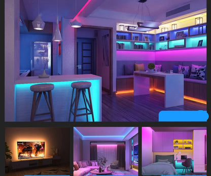 Espace moderne illuminé par un ruban LED multicolore, créant une ambiance chaleureuse et dynamique dans la décoration intérieure