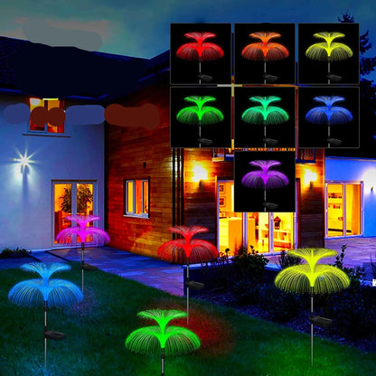 Guirlande lumineuse jardin colorée en forme de méduse, illuminant un espace extérieur avec des lumières vives et festives