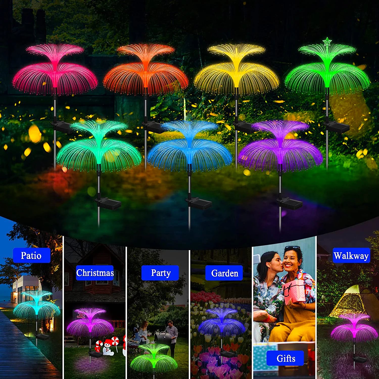 Guirlande lumineuse jardin avec des lumières colorées en forme de méduse, parfaite pour décorer votre espace extérieur