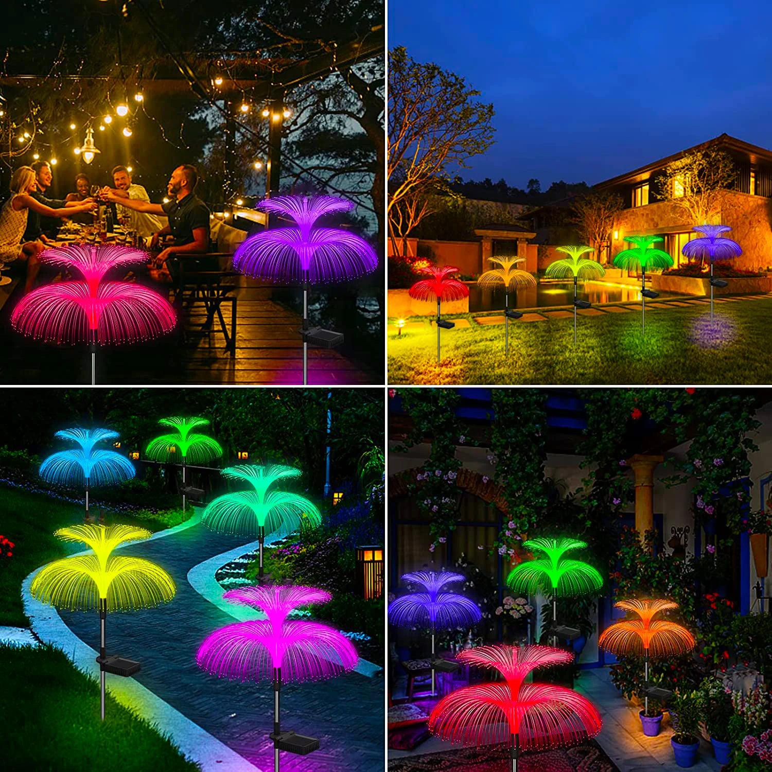 Guirlande lumineuse jardin avec lumières colorées en forme de méduse, créant une ambiance animée pour les soirées en extérieur