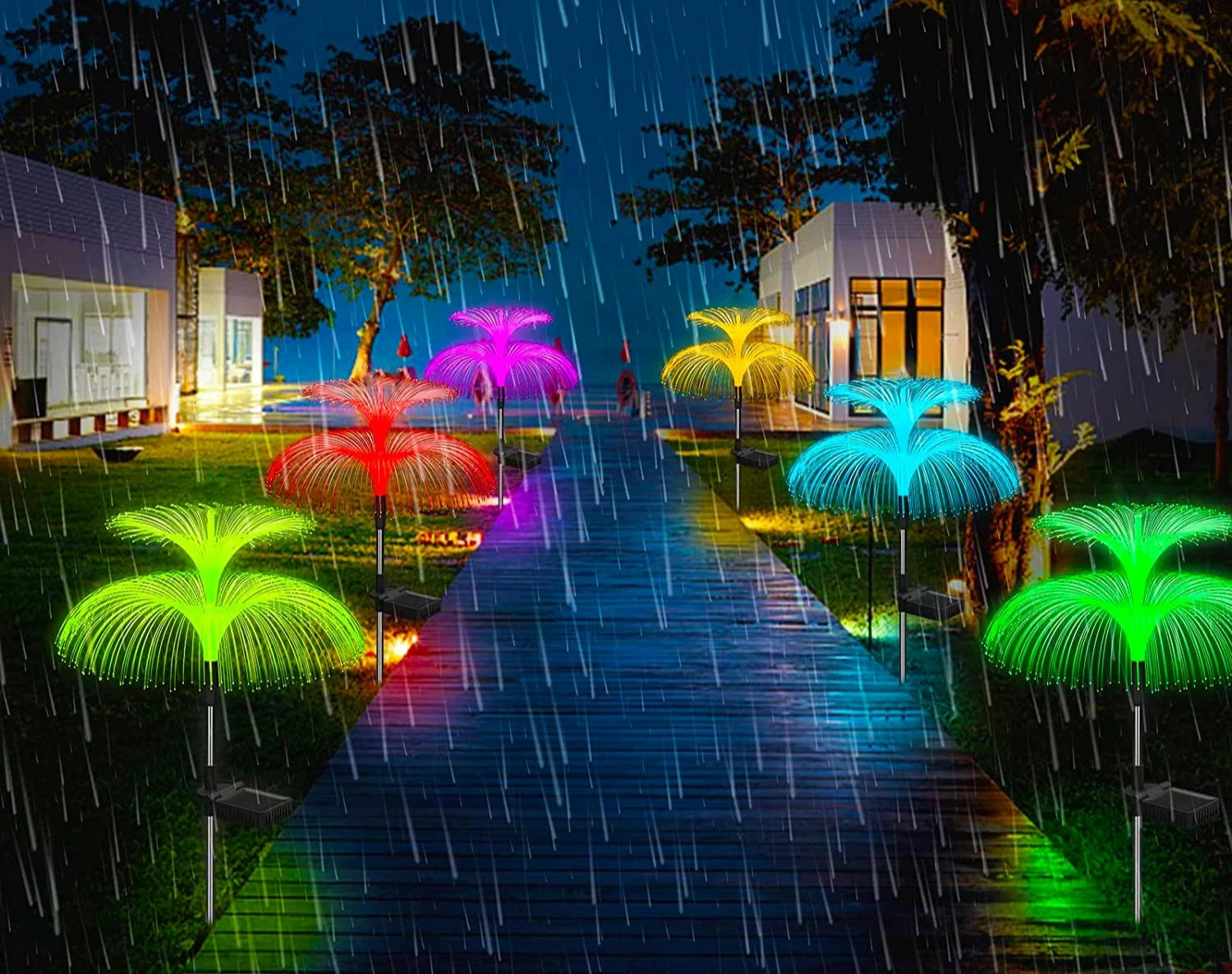 Guirlande lumineuse jardin avec lumières colorées en forme de méduse, idéale pour embellir les espaces extérieurs la nuit.