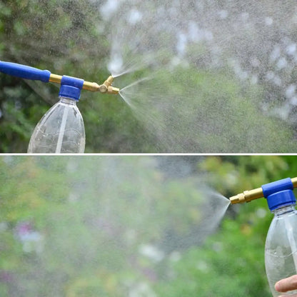 Pompe haute pression jardin montrant un spray fin à partir d'une bouteille avec un embout bleu, idéale pour l'arrosage