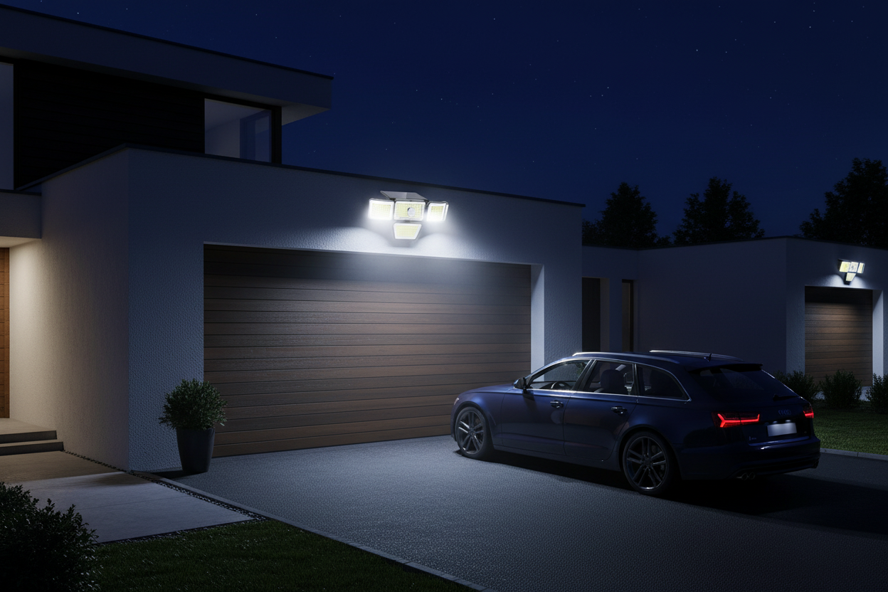 projecteur solaire LED garage allée voiture éclairage sécurité extérieur nuit