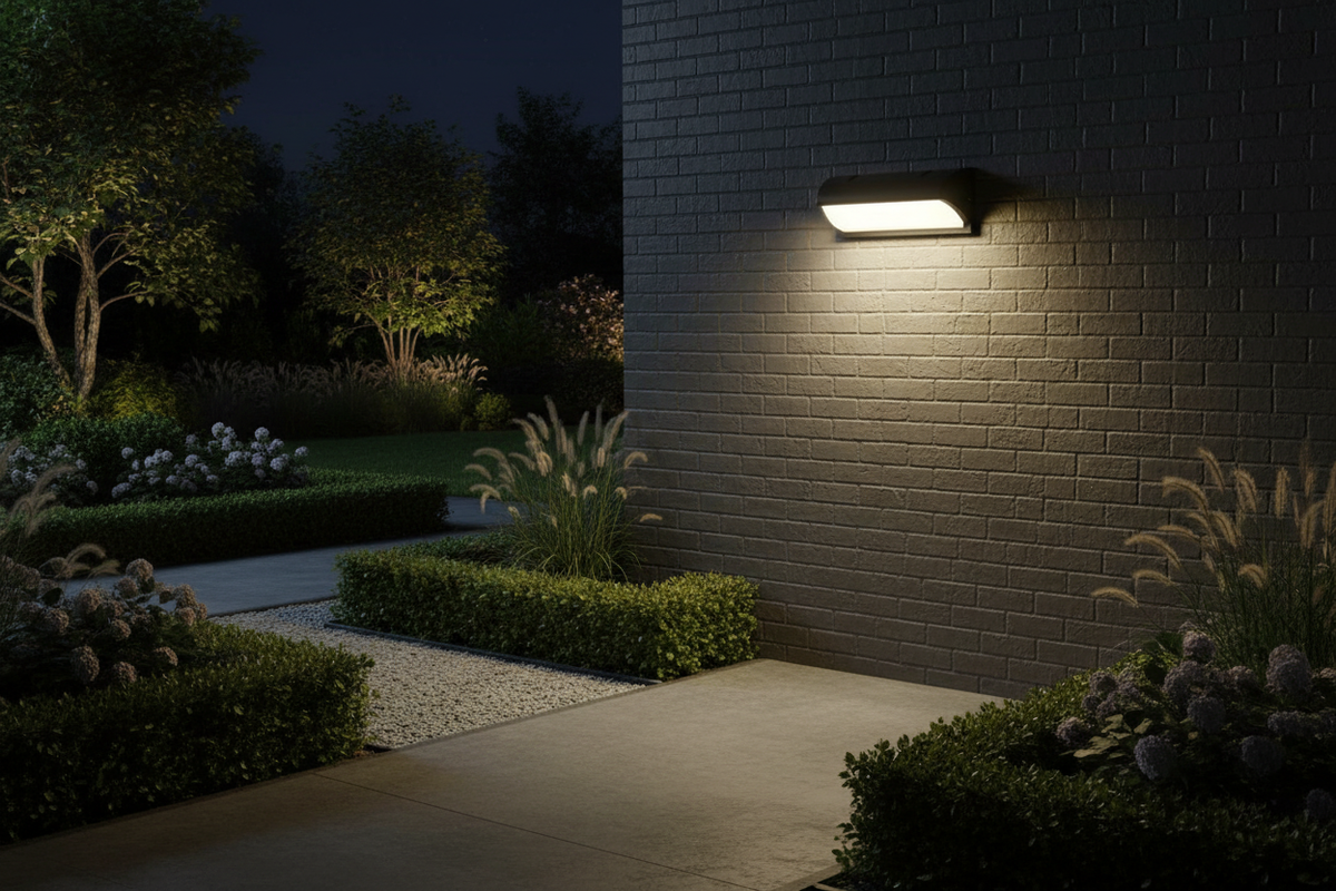 applique murale LED extérieur entrée maison brique allée gravier éclairage nuit