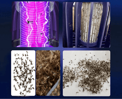 Lampe anti moustiques BIONICCO2 avec lumière UV, montrant des insectes piégés et un design efficace pour éloigner les moustiques.
