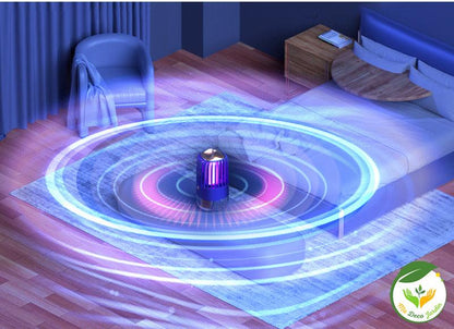 Lampe anti moustique rechargeable, avec lumière UV, dans un salon moderne, efficace contre les insectes nuisibles.