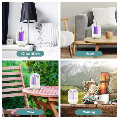 Lampe anti moustiques BIONICCO2 sur table en bois, idéale pour chambre, salon, patio et camping avec lumière violette