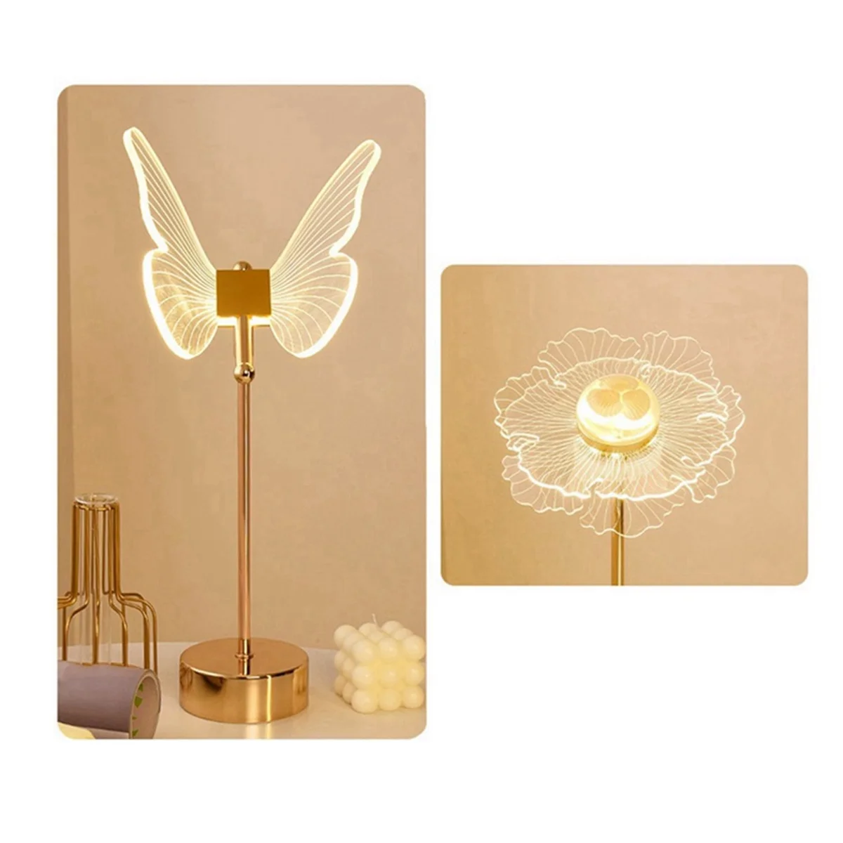 Lampe de chevet papillon élégante avec une base dorée et un design lumineux en forme de papillon, idéale pour la décoration moderne