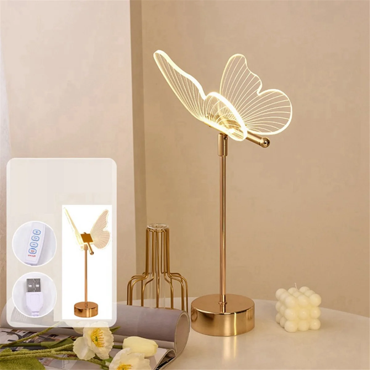 Lampe de chevet papillon en or avec design élégant et lumière LED douce, idéale pour décorer vos espaces de vie