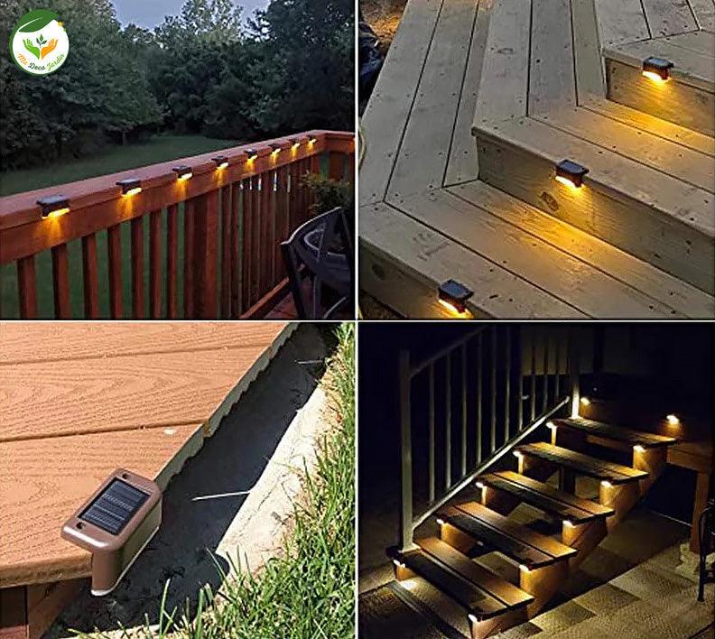 Lampes LED extérieures installées sur des escaliers en bois et une terrasse pour un éclairage élégant et fonctionnel